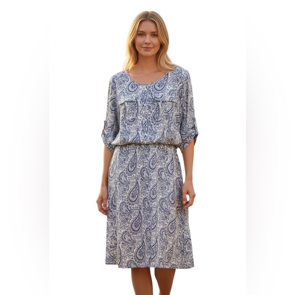Boho Paisley Blue White Dress XL Button Front Lined 3/4 Sleeve